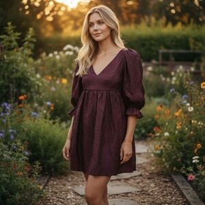 Allison + Kelly Burgundy Boho Babydoll Puff Sleeve Mini Dress Cottagecore Size S